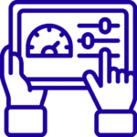 Icon depicting hands adjusting settings on a dashboard with dials and gauges, conveying the concept of control or monitoring.