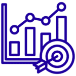 Line graph and bar chart with a target icon, all depicted in a simple line drawing style on a teal background.