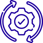 Icon depicting a gear with a checkmark inside, surrounded by two circular arrows, symbolizing a process or system update.