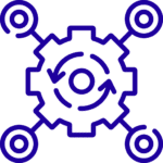 Blue outline of a gear surrounded by four smaller circles connected by lines, symbolizing a mechanical or technological concept, on a dark green background.