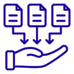 Icon depicting a hand holding three documents, each with arrows pointing downward, symbolizing file management or data transfer.