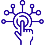 A graphic icon depicting a hand interacting with a stylized digital interface, symbolizing technology or touch interface concept.