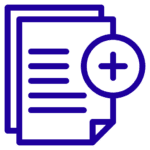 Icon representing a document with added content, featuring papers with lines of text and a plus sign on the top right corner.