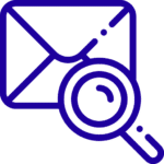 Icon depicting a magnifying glass focused on an envelope, representing email search or analysis, in a simple line art style on a teal background.