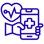 Icon depicting a hand holding a smartphone with a medical cross symbol, alongside a heart with a heartbeat line.