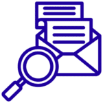 Icon depicting a magnifying glass over an envelope surrounded by speech bubbles, symbolizing email search or analysis.