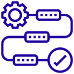 Flowchart with a gear, connection paths, two horizontal blocks, and a check mark, illustrating a process or system diagram, in blue on a green background.