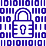 A digital illustration of a padlock icon centered over a patterned background of vertical lines interspersed with binary code "1010101".