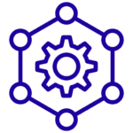 A simple graphic of a hexagonal outline with six circles at the vertices connected by lines and a central gear icon, all depicted in a single blue tone on a plain background.