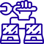 Line drawing of a hand holding a wrench, with two interlocked gears beneath it, symbolizing mechanical work or repair.