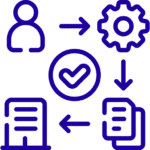 Iconographic illustration showing a workflow process with elements like a person, gear, check mark, and documents connected by arrows.