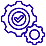Icon depicting two interconnected gears, one large and one small, with a checkmark at the center, all in a line art style on a green background.