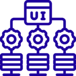 Icon representing a user interface (ui) concept with a central ui label connected to three gears and databases, symbolizing system integration.