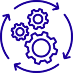 Three interconnected gears within a circular arrow, symbolizing a continuous cycle or process, depicted in a line drawing style on a teal background.