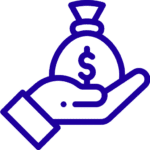 Icon depicting a hand holding a bag of money, symbolizing financial transactions or savings.