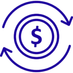Icon depicting a dollar sign at the center of concentric circular arrows on a green background, symbolizing money flow or financial circulation.