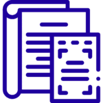 Icon of stacked documents and a notepad, illustrating paperwork or documentation, in a blue line art style.
