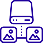 Graphic icon depicting a desktop computer with two speakers, illustrating a home multimedia setup.