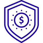 Icon of a shield with a dollar sign in the center, representing financial security or protection, depicted in a dark teal color on a matching background.