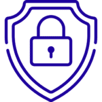 A stylized icon depicting a shield with a lock symbol in the center, outlined in blue on a green background.