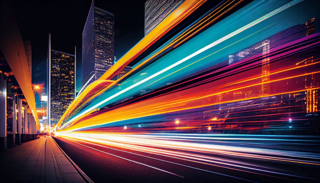 City street at night with colorful light trails from fast-moving traffic, surrounded by illuminated skyscrapers.