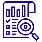 Icon depicting a document with a bar graph and checkboxes, alongside a magnifying glass focusing on an eye, symbolizing data analysis or privacy review.