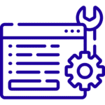 A stylized icon depicting a computer screen with lines of code, paired with a cog and wrench, representing software development or website maintenance.