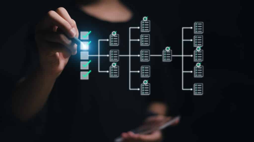 Person interacting with a digital flowchart of a blockchain network, highlighting specific elements with a stylus.