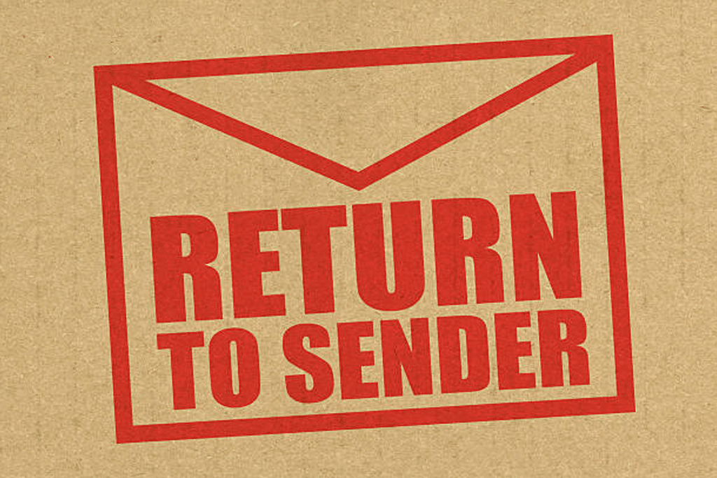 Red "return to sender" stamp on a brown envelope, depicted in a stylized graphic design.